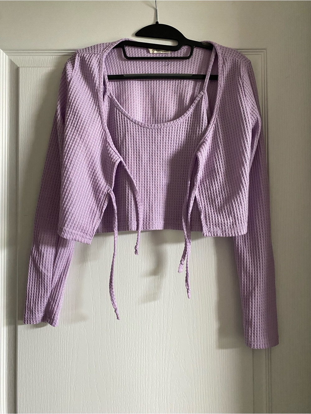 Lilac Waffle Knit Cropped Tank and Tie-Front Cardigan Set